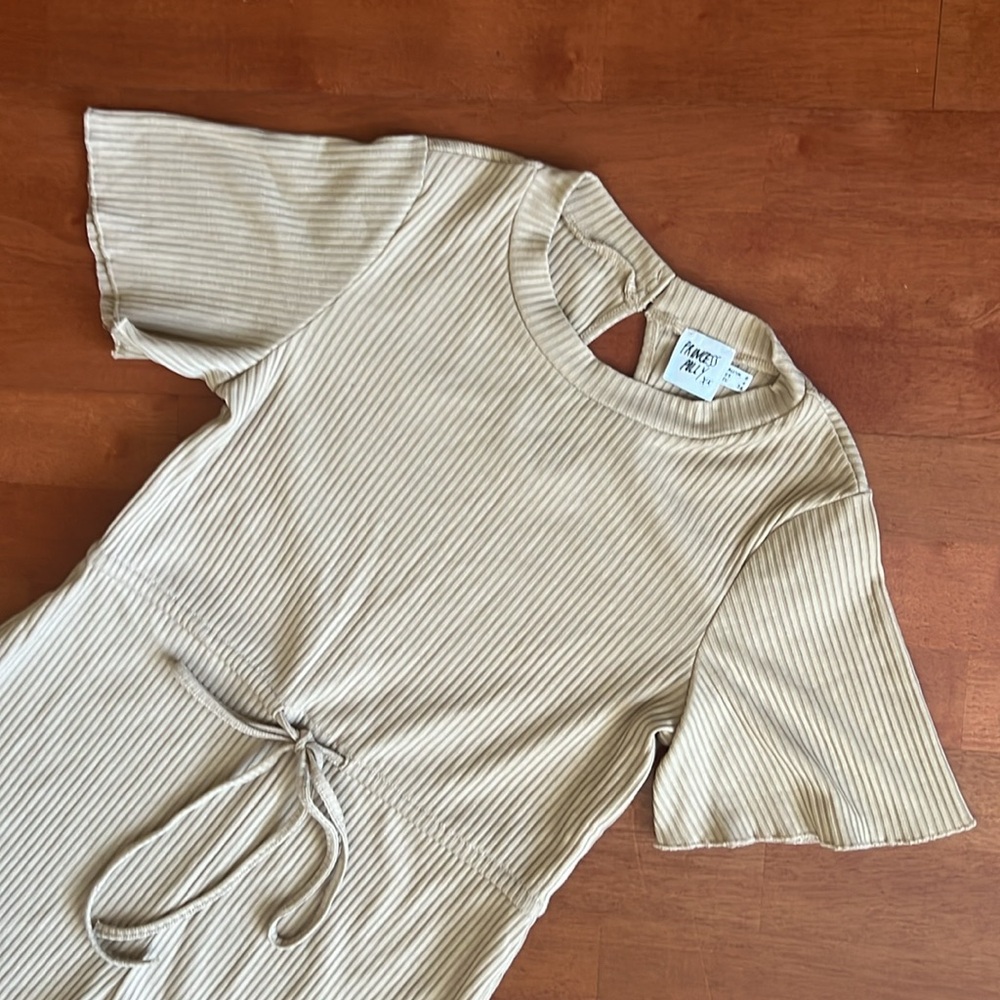 Princess Polly Beige Ribbed Short Sleeve Drawstring Romper - Picture 7 of 9
